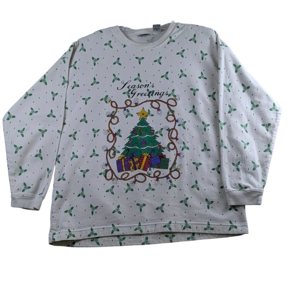 Vintage Gitano Seasons Greetings White Christmas Tree‎ Sweatshirt Womens Large